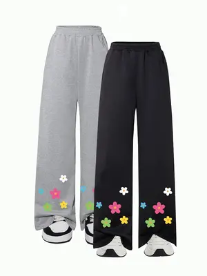 Girl's Floral Print Sweatpants, Casual Comfy Trousers for Daily Wear, Kids Bottoms for All Seasons