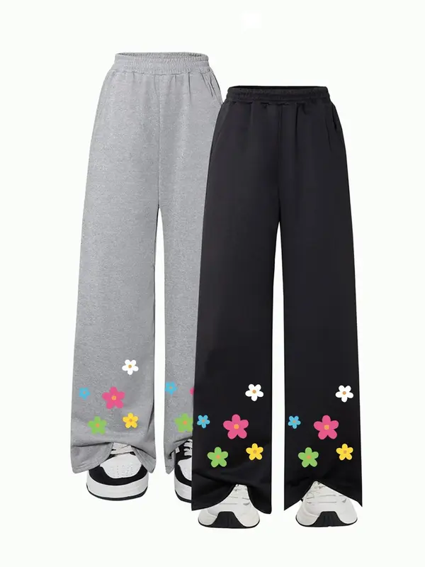 Girl's Floral Print Sweatpants, Casual Comfy Trousers for Daily Wear, Kids Bottoms for All Seasons