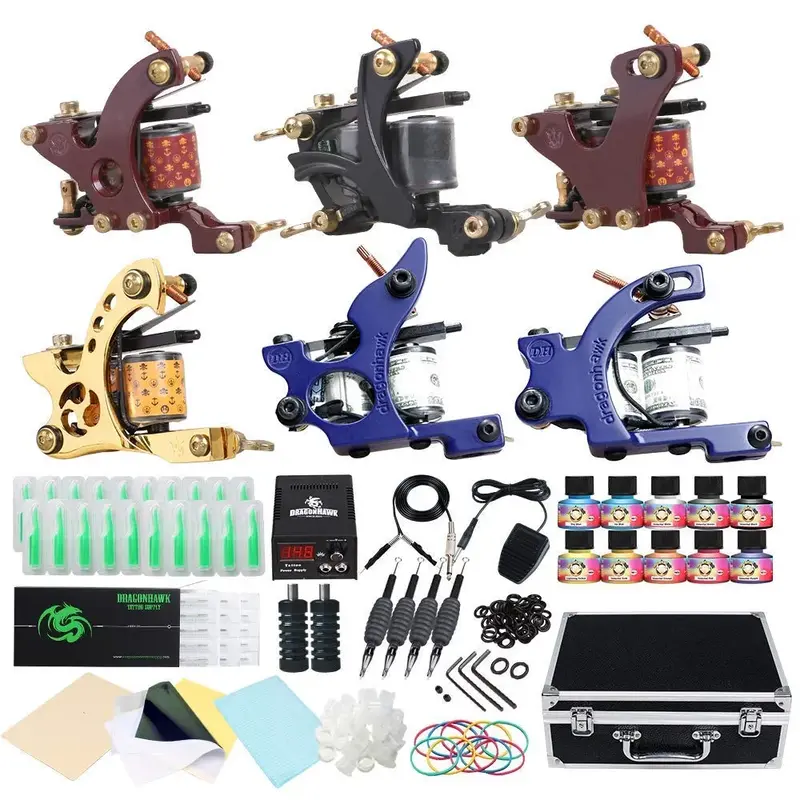 Dragonhawk Complete Tattoo Kit Starter Coils Tattoo Machine Kit Immortal Tattoo Inks Power Supply Needles Grips Tips Foot Ped...