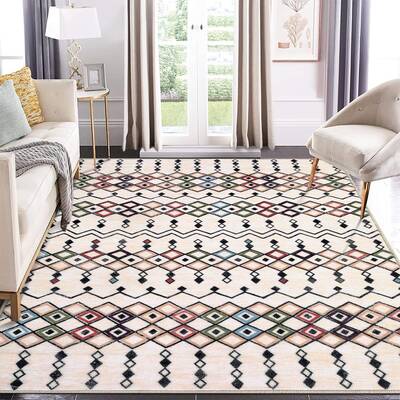 Garvee Rug 4x6 Vintage Boho Geometric Faux Wool Soft Plush Non-Slip Low Pile Foldable Thin for Living Room Bedroom