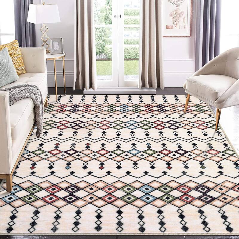Garvee Rug 4x6 Vintage Boho Geometric Faux Wool Soft Plush Non-Slip Low Pile Foldable Thin for Living Room Bedroom