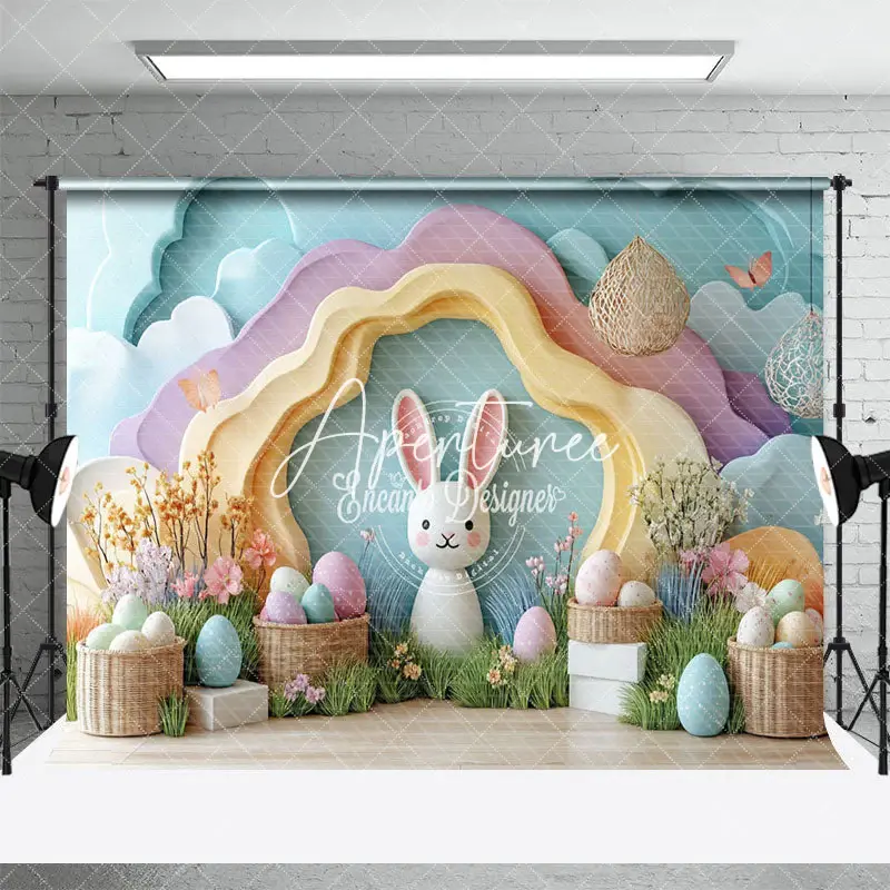 Aperturee Colorful Wall Bunny Egg Floral Easter Photo Backdrop, 3X2FT(1MX0.6M), 14 USD, easter backdrops, ENHD2J82-M