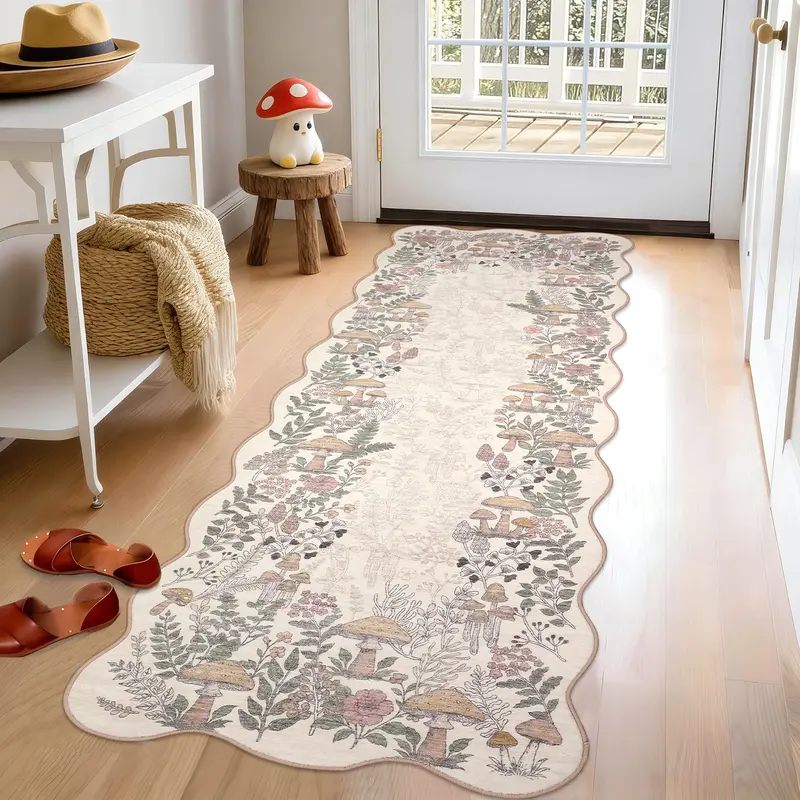 Garvee Scalloped Botanical Area Rug - Washable Non-Slip Low Pile Carpet, Soft Collapsible Accent for Hallway, Kitchen, Bedroo...