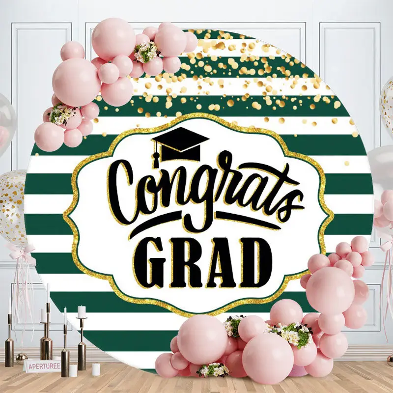 Aperturee Gold Glitter Round Green Graduation Backdrop