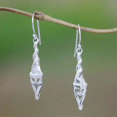 NOVICA Kitty Stretch Sterling Silver Cat Dangle Earrings Crafted in Bali