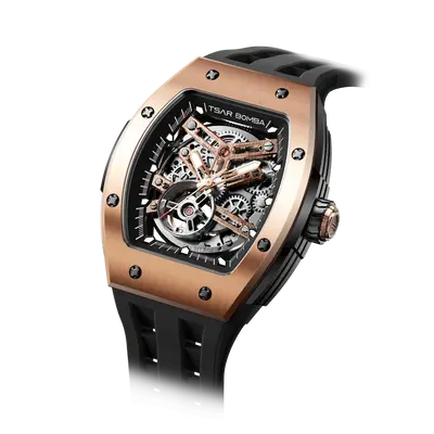 TSAR BOMBA Men's Automatic Watch | Rose Gold Black | Stainless Steel Case | Japanese Mechanical Skeleton Movement | Luxury Sp...
