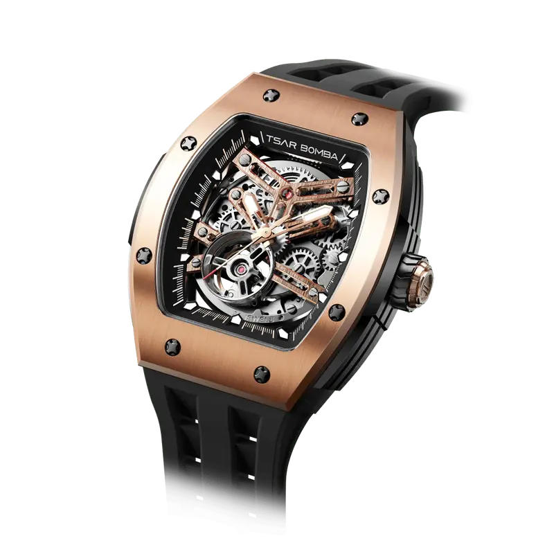 TSAR BOMBA Men's Automatic Watch | Rose Gold Black | Stainless Steel Case | Japanese Mechanical Skeleton Movement | Luxury Sp...