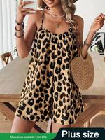 【Plus Size】 Leopard Print Cami Romper, Casual Sleeveless Spaghetti Strap Romper for Daily Wear, Women's Plus Clothing for...