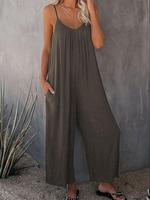 Women's Plain Pocket Adjustable Strap Jumpsuit, Summer Clothes Women Casual Style  Wide Leg Sleeveless Cami Jumpsuit for Summ...