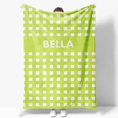 Green White Regular Grid Personalized Name Blanket - Aperturee