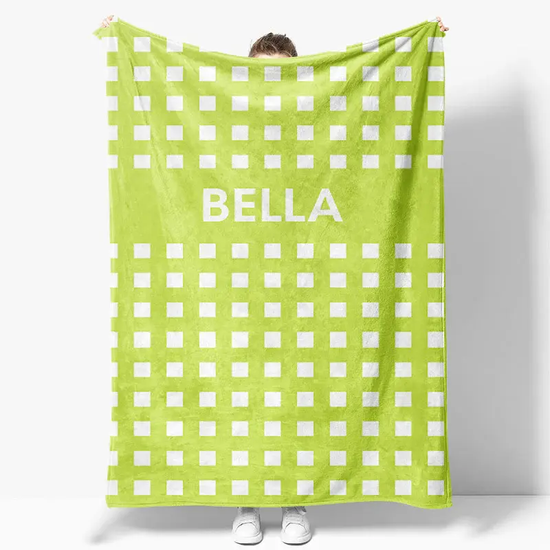 Green White Regular Grid Personalized Name Blanket - Aperturee