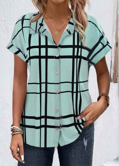 Modlily Light Green Button Plaid Short Sleeve Shirt Collar Blouse - S