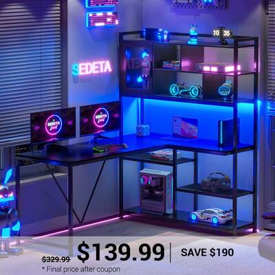 SEDETA ® 58 Inch L Shaped Computer Desk LED Corner Gaming Desk Home Office with Bookshelf Black Home Office Furniture