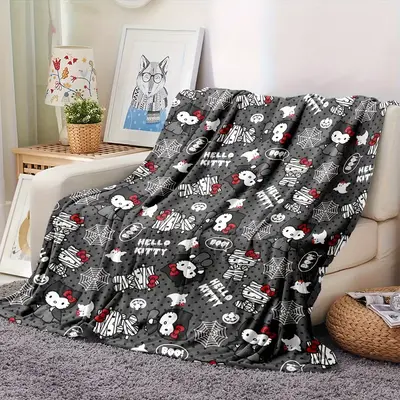 Fun Halloween Hello Kitty themed printed plush blanket - Multifunctional, perfect for home, office, camping and travel 80*60