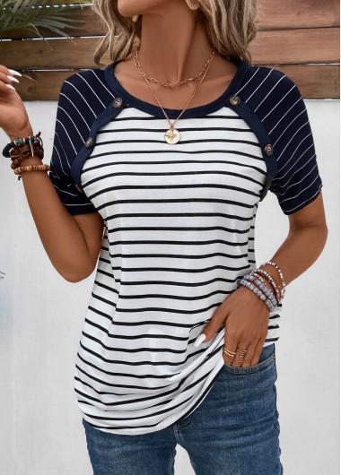 Modlily Navy Patchwork Striped Short Sleeve T Shirt - XL