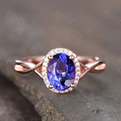 Oval Tanzanite engagement ring diamond rose gold halo ring bridal jewelry