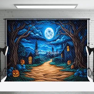 Aperturee Blue Sky Moon Night Pumpkin Halloween Photo Backdrop - Aperturee