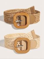 Women's Boho Style Straw Belt & Geometric Design Buckle Belt, Casual Brown Waistband for Jeans, Fashion Casual Dress Belt for...