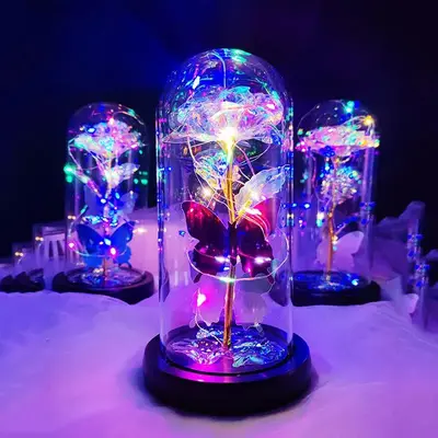 Artificial Flower Decoration for Dressers, 1 Count Sweet Furniture Glowing Glass Dome Flower for Home Decor, Romantic Decorat...