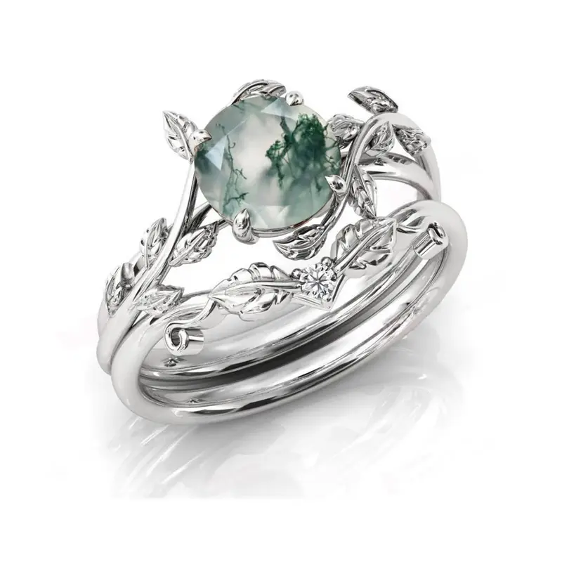 Sterling Silver Round Moss Agate & Personalized Engraving Leaves Engagement Ring