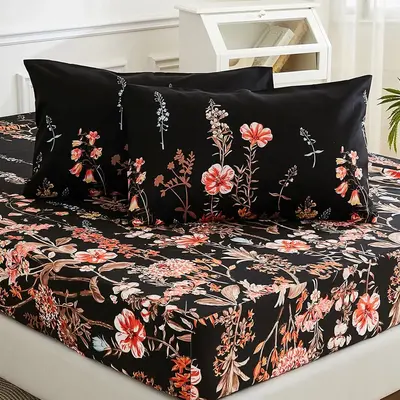 Bedroom Decor 3 Counts Breathable Flower Print Soft Polyester Bedding Set Including Fitted Sheet and Pillowcase without Fille...
