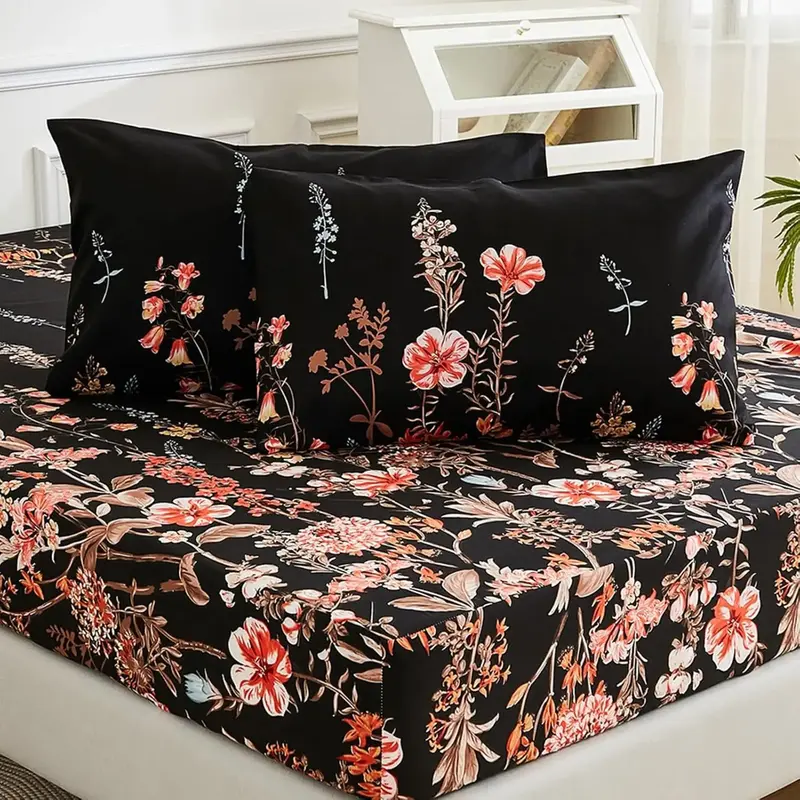 Bedroom Decor 3 Counts Breathable Flower Print Soft Polyester Bedding Set Including Fitted Sheet and Pillowcase without Fille...