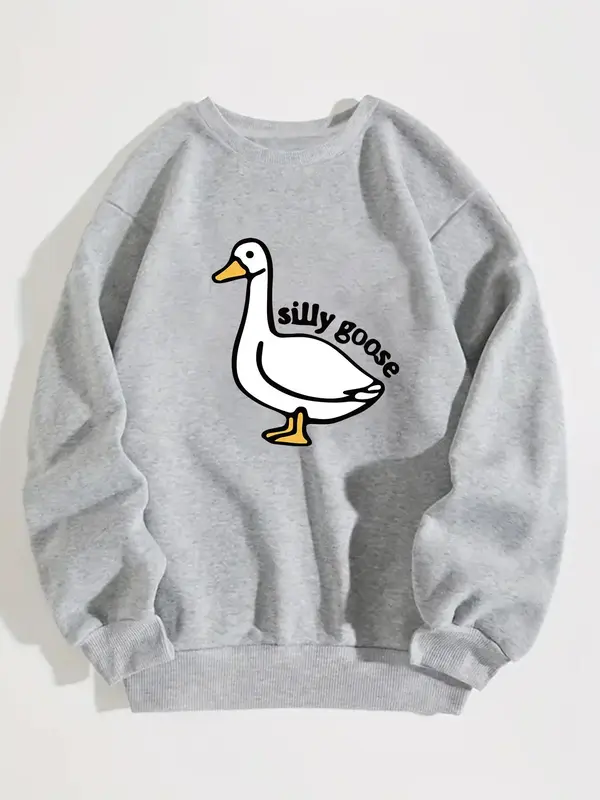 Men's Cartoon Goose & Letter Print Sweatshirt, Casual Loose Round Neck Long Sleeve Pullover, Men's Top, Lazy School Outfit, S...