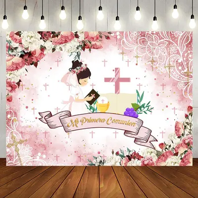 Pink Floral Cross Pattern Baptism Backdrop For Girls - Aperturee
