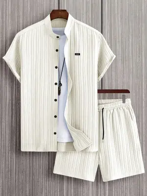 2 Counts Men's Letter Patched Button Front Shirt & Elastic Waist Shorts Set without Tee & Necklace, Casual Regular Fit Short ...