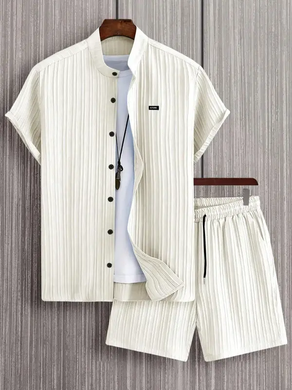 2 Counts Men's Letter Patched Button Front Shirt & Elastic Waist Shorts Set without Tee & Necklace, Casual Regular Fit Short ...