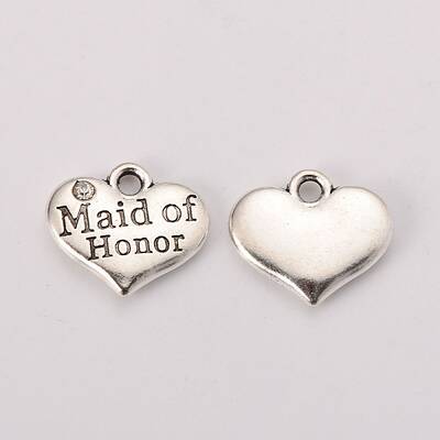 Wedding Theme Antique Silver Tone Tibetan Style Heart with Maid of Honor Rhinestone Charms