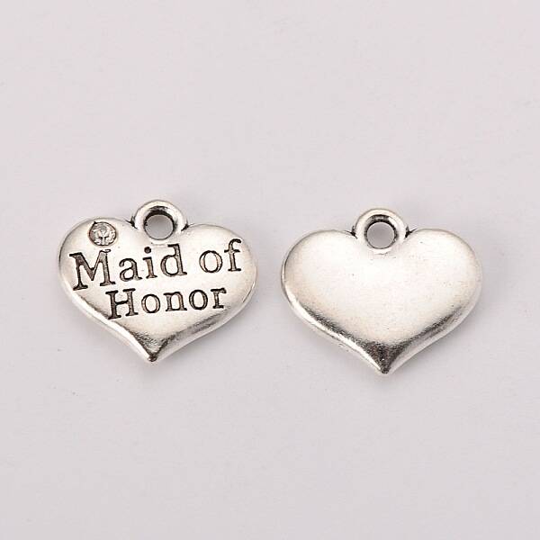 Wedding Theme Antique Silver Tone Tibetan Style Heart with Maid of Honor Rhinestone Charms