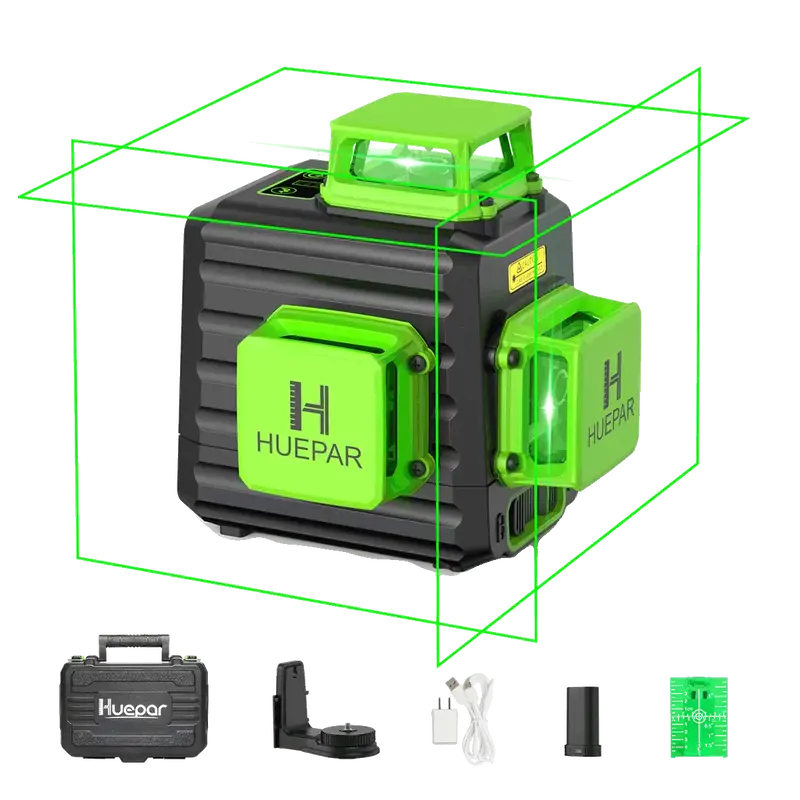 HUEPAR 3 x 360° Green Laser Level, 360 Auto-Leveling, High Brightness Crosshairs, 5200 mAh Rechargeable Battery, for Archite...