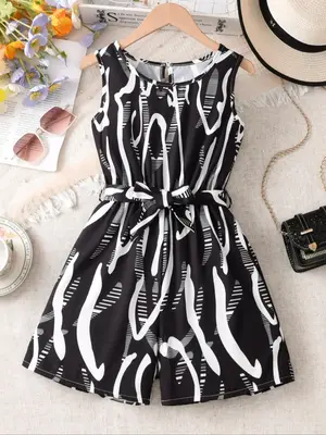 Girl's Irregular Line Print Romper, Casual Short Sleeve Jumpsuit for Summer, Kids Clothes for Daily Wear
