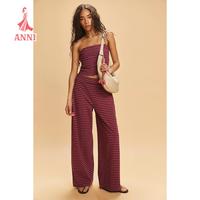 Women 2 Piece Outfits Casual Summer Striped Print Bandeau and Elastic Waist Wide Leg Pants Set Streetwear Womenswear Clothes