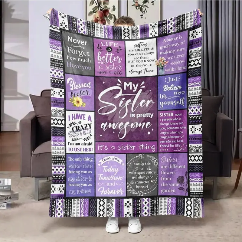 Letter Pattern Sister Themed Flannel Blanket, 1 Count Soft Comfortable Air-conditioned Room Throw, Warm Nap Blanket for Home ...