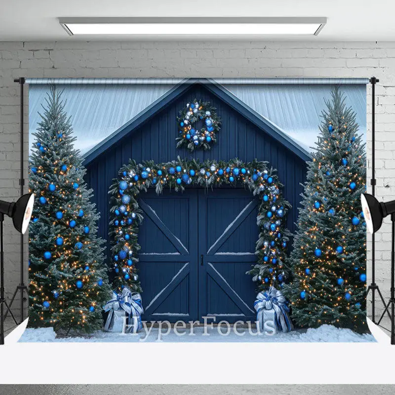 Navy Blue Wood Door Festive Christmas Photo Backdrop - Aperturee