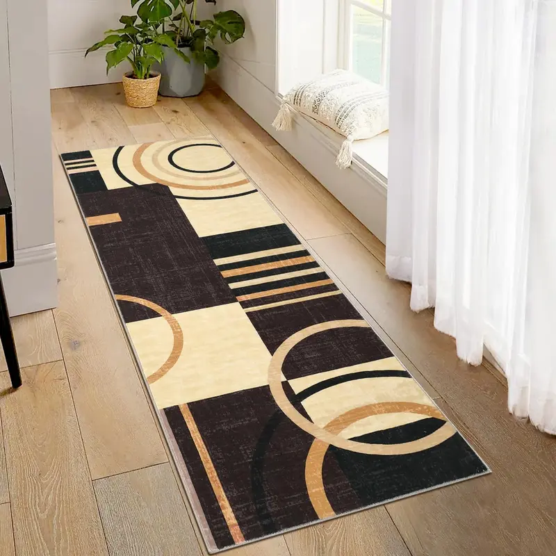 Garvee Modern Brown 2x8 Washable Runner Rug Circle Pattern Non-Slip Low Pile Soft Fabric Durable Indoor Hallway Kitchen Bedro...