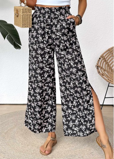 Modlily Black Ditsy Floral Print Wide Leg Elastic Waist Pants - S