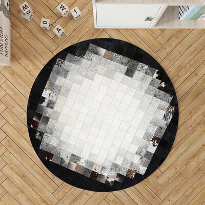 Black, Gray and White Cowhide Round Rug