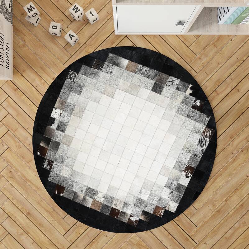 Black, Gray and White Cowhide Round Rug
