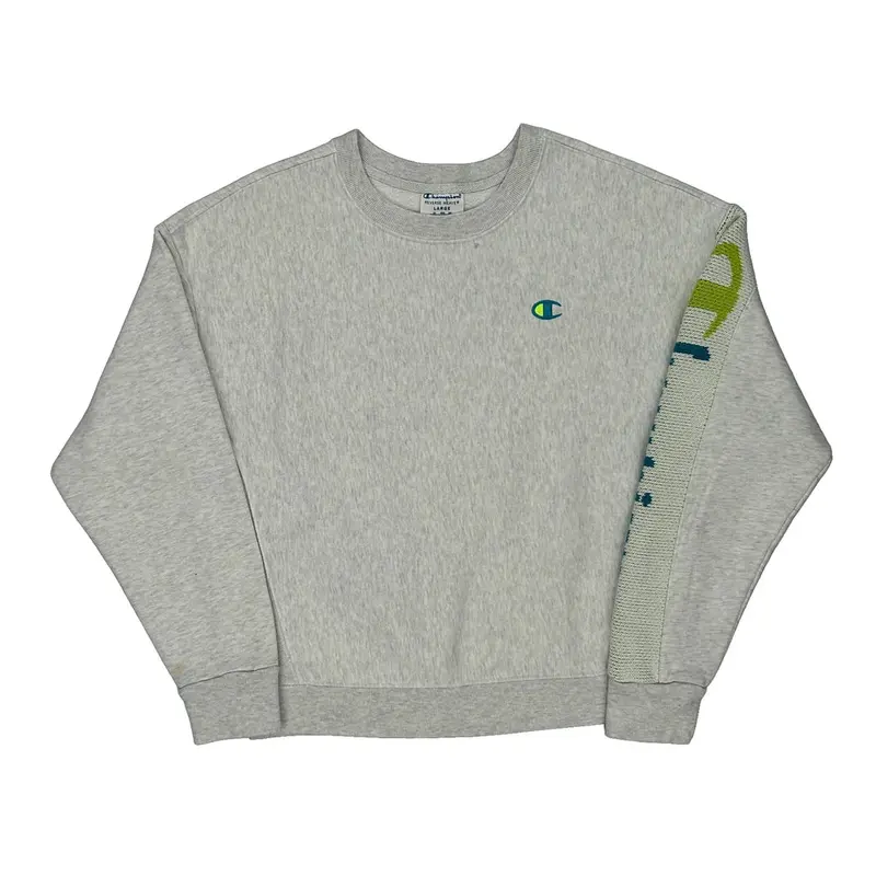 Reverse Weave Champion Spellout Sweatshirt - Large Grey Cotton Blend