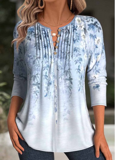 Modlily Light Blue Floral Print Long Sleeve T Shirt - XXL