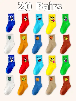 Cartoon Face Pattern Calf Sock, 20 Pairs Cute Soft Comfortable Breathable Sock for Boys & Girls, Kid's Sock for All Seasons