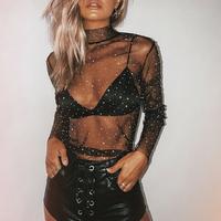 Women Sexy Mesh Perspective Top Long Sleeve Simulated Neck Shine Rhinestone Fashion T-Shirts  Pearl Sheer Crop See ThroughFit...