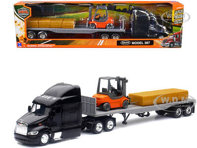 Peterbilt 387 Truck with Flatbed Trailer Black with Forklift and Hay Bales \