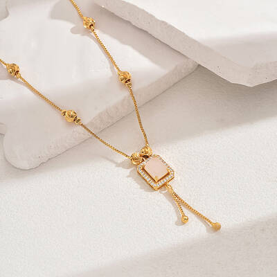 Fashionable Vintage Brass & Glass Tassel Rectangle Pendant Necklaces for Women
