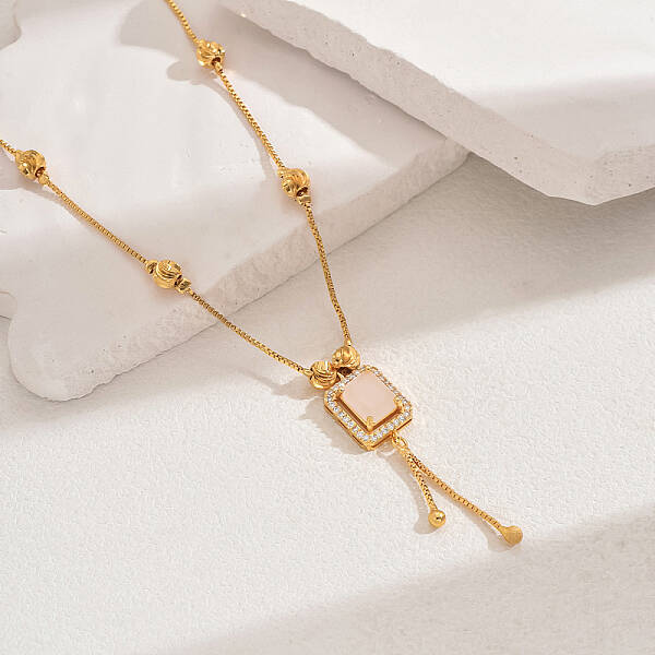 Fashionable Vintage Brass & Glass Tassel Rectangle Pendant Necklaces for Women