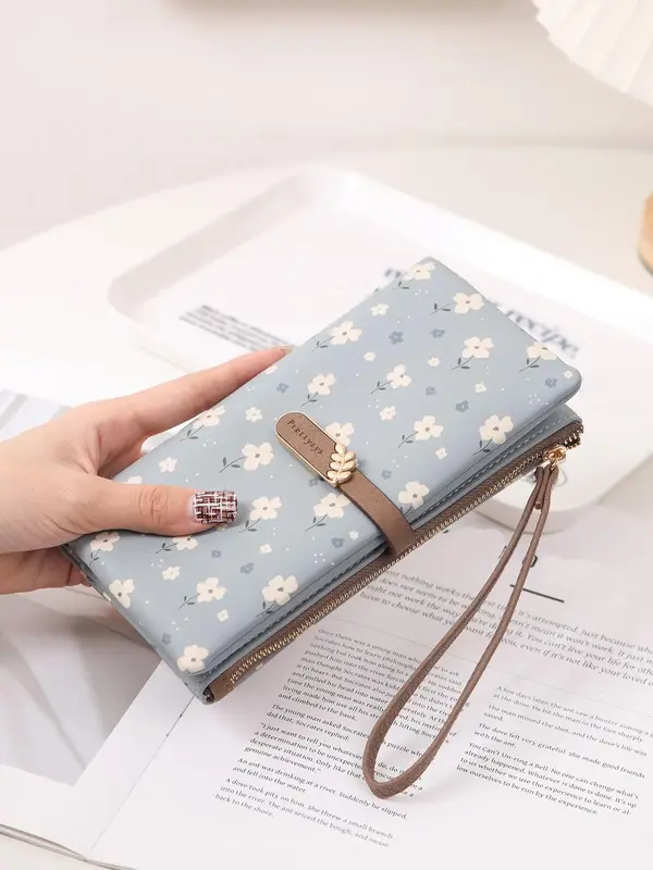 Women's Elegant Flower Print Long Wallet, Casual Trendy Zipper Large Capacity Wristlet Wallet, Wallets Women, Versatile Fashi...