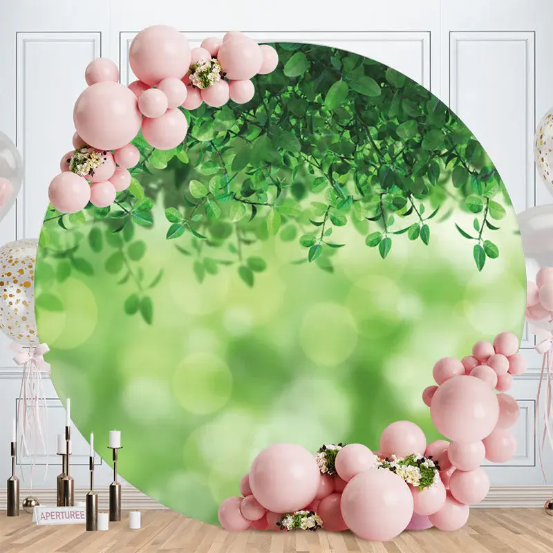 Aperturee Round Green Leaves Theme Happy Birthday Backdrop